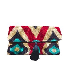 Hand-dyed Uzbek bakhmal, handmade ikat velvet fabric clutch